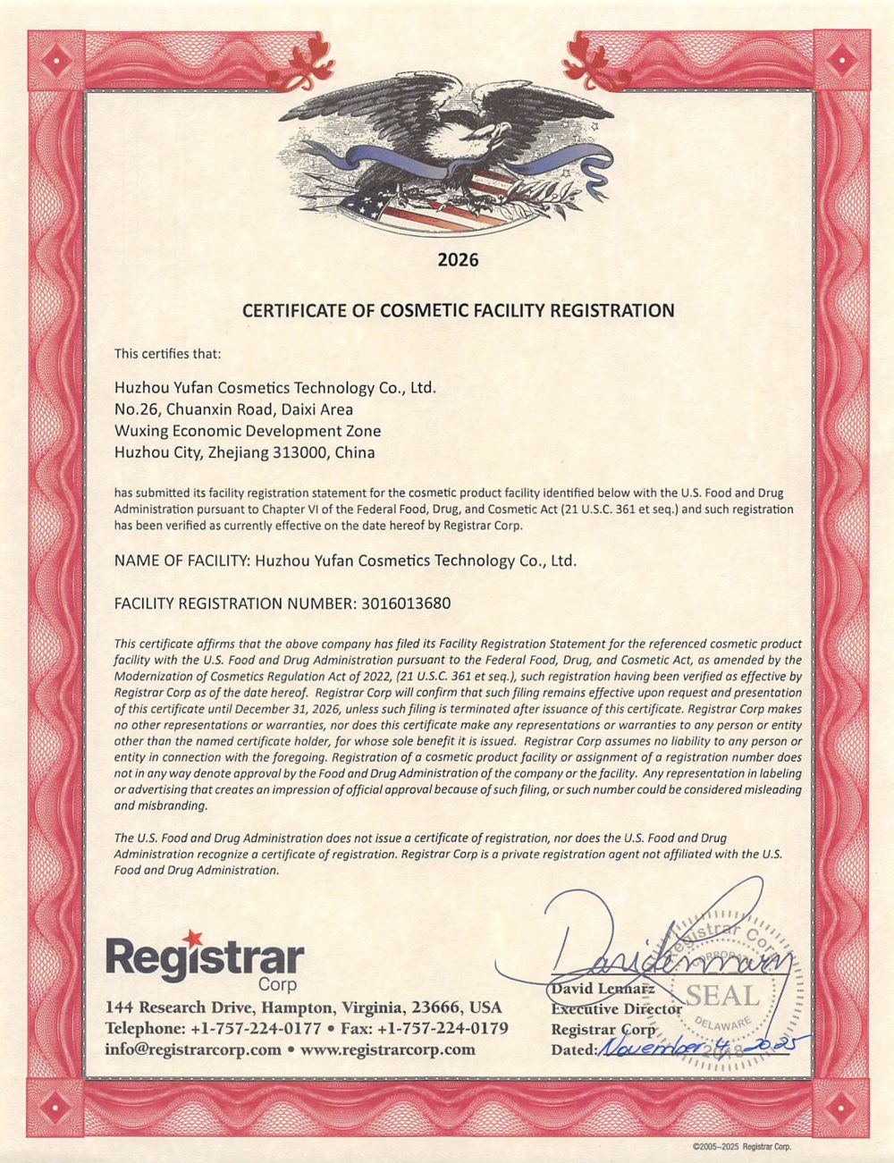 US FDA cosmetic facility registration under MoCRA certificate