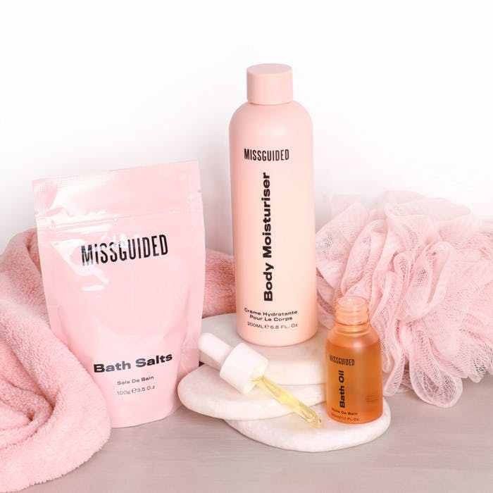 Missguided body mist and bath products on a shelf